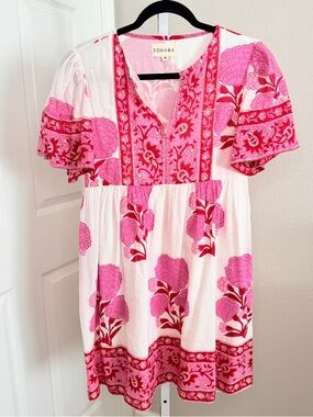 Sohana Pink Floral Mini Dress Size Medium Short Sleeve
